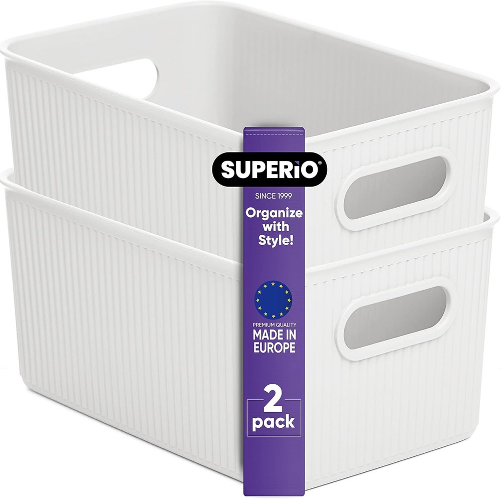 Superio 5L Small Ribbed Storage Bin- Plastic Storage Bin  (2 Pack, White)