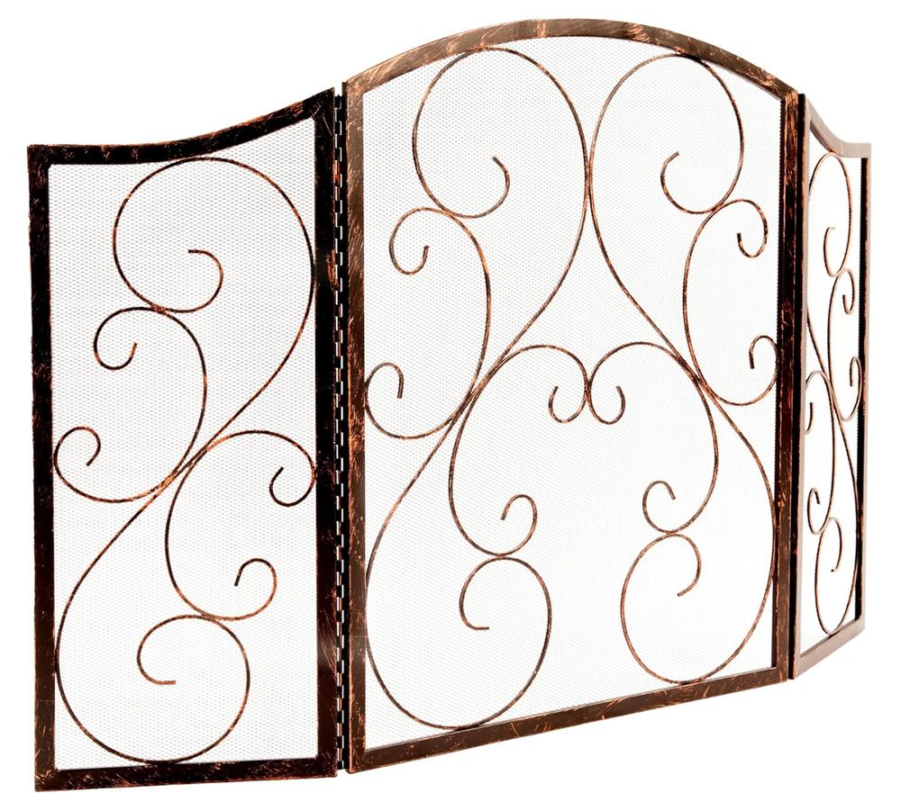 3 Panel Iron Fireplace Mesh Screen Traditional Scroll Metal Brushed Copper Guard