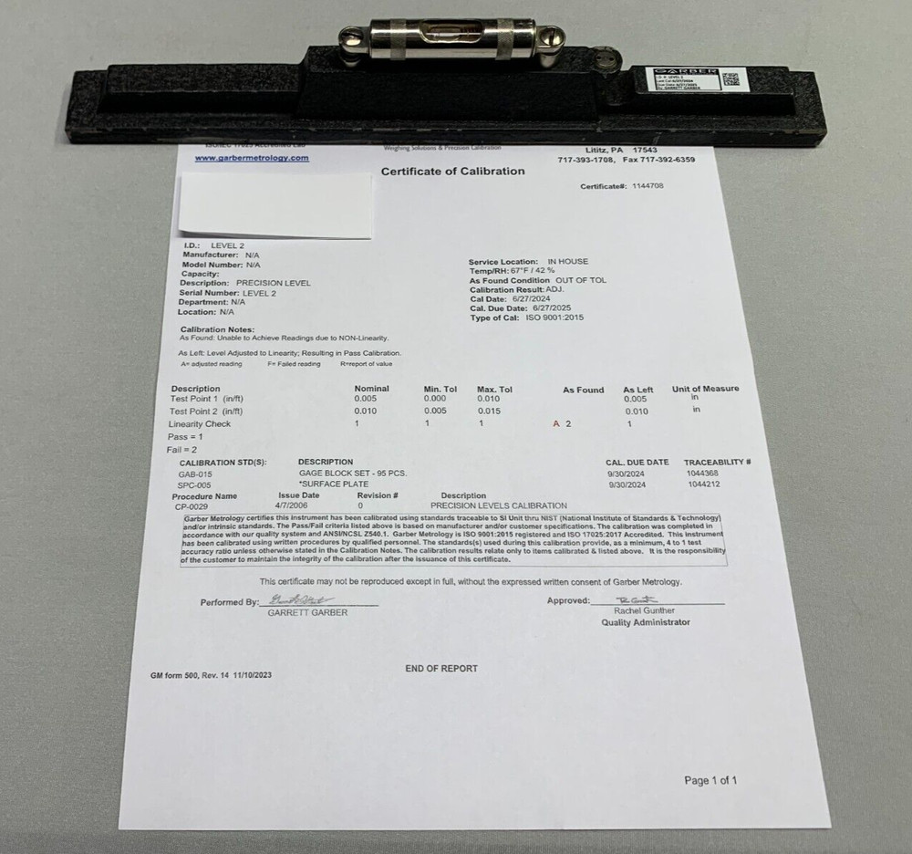 Unbranded Precision Machine Level, 12", Calibrated & Certified, .005"/ft