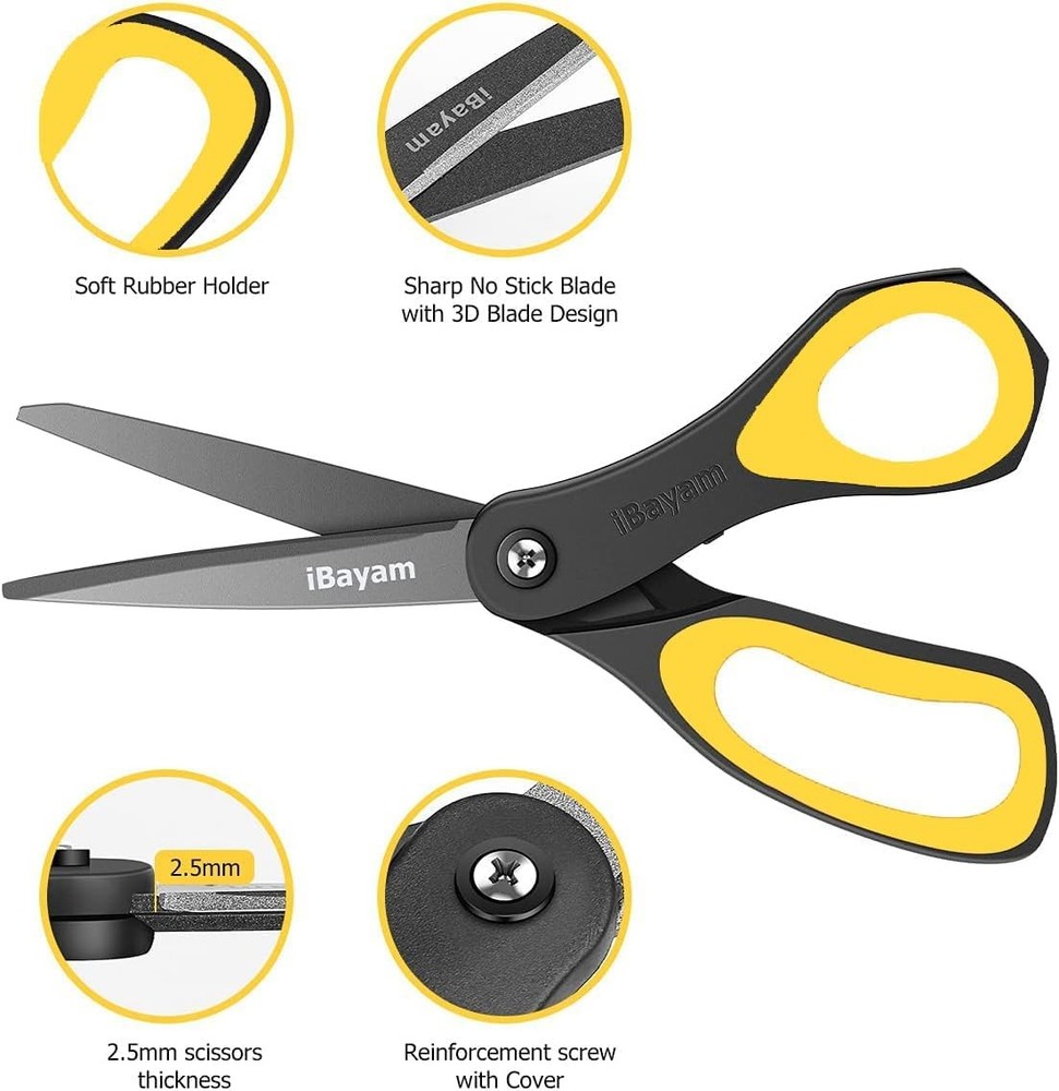 Scissors, 3 Pack 8" All Purpose Nonstick Scissors, 2.5MM Thickness Titanium Bla