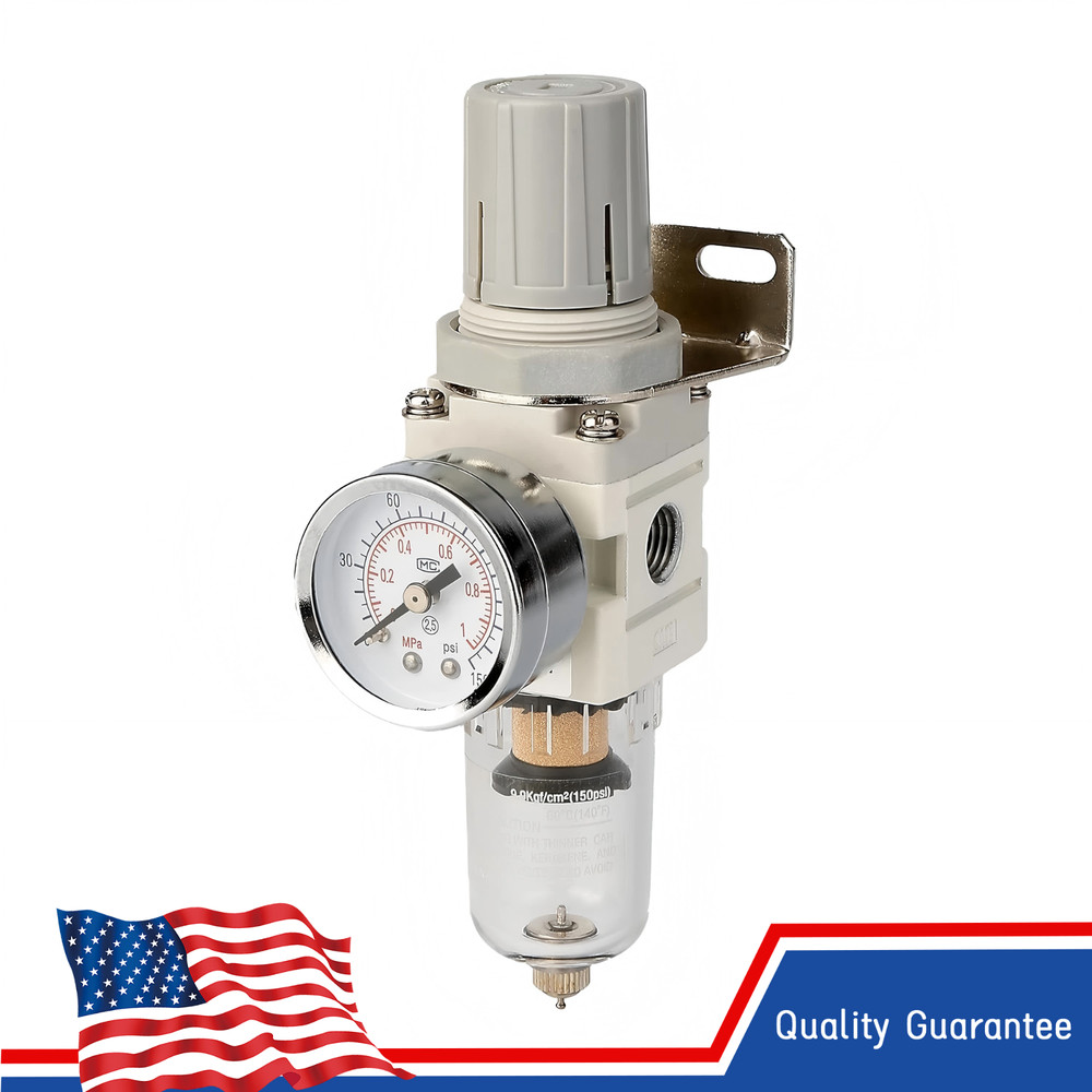 1/4" NPT Compressed Air Filter Regulator Combo, 5 Micron Brass Filter