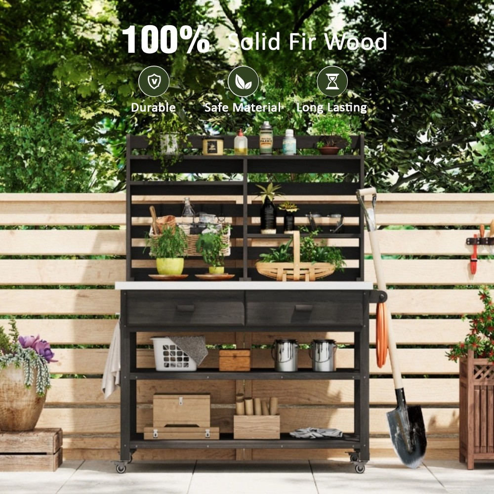 64.9"H Solid Wood Potting Bench Table w/ Lockable Wheels,Outdoor Kitchen Storage