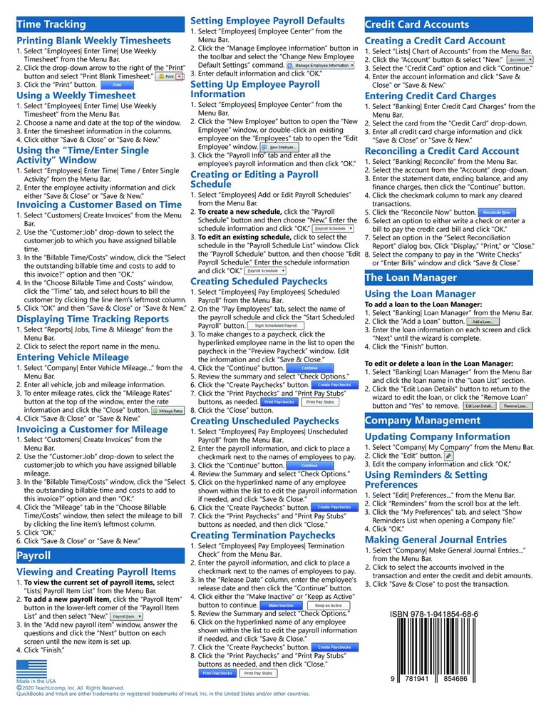 QuickBooks Pro 2021 Training Guide Quick Reference Card 4 Page Cheat Sheet