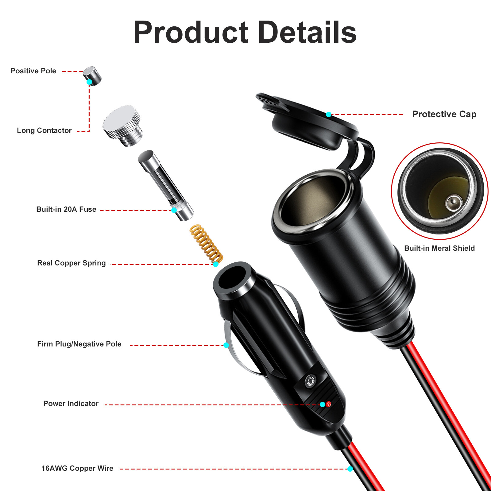 13 ft Car Cigarette Lighter Socket Extension Cord Cable Heavey Duty Adapter 12V