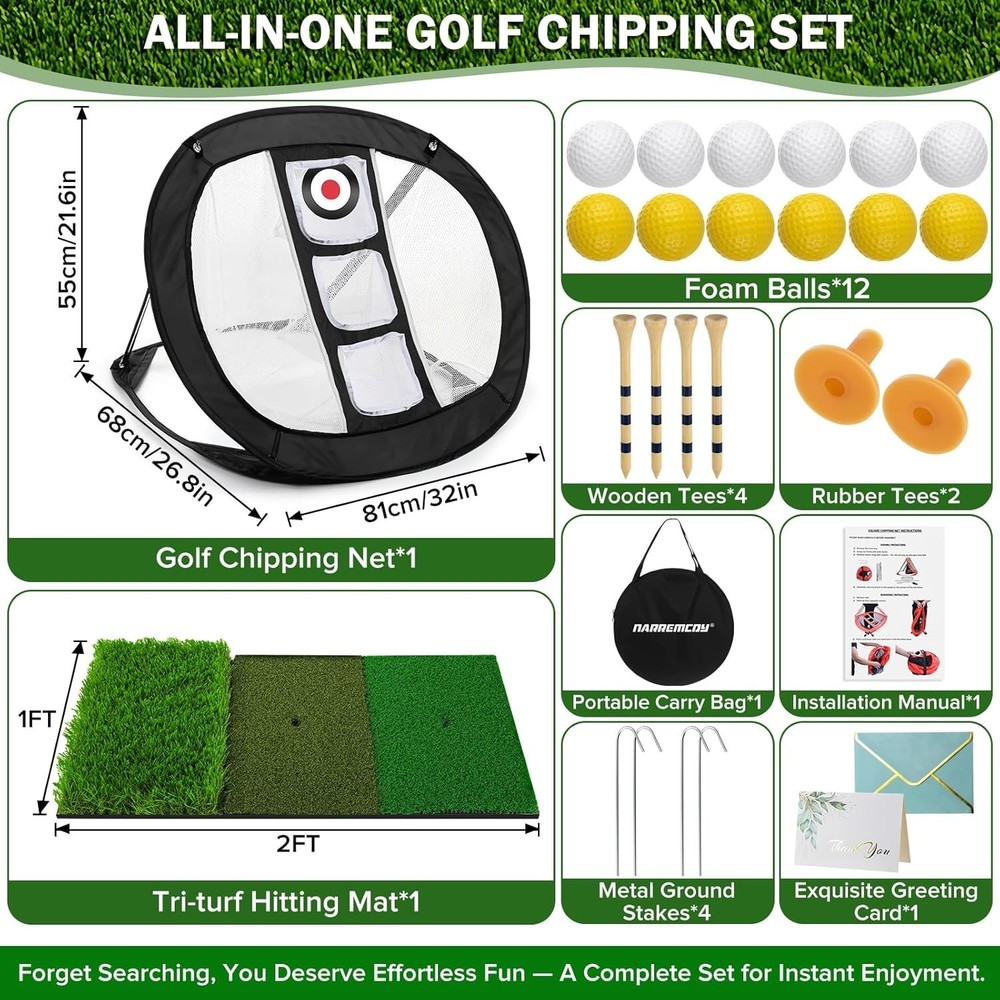 Golf Chipping Net with Tri-Turf Hitting Mat Set - Foldable Practice Target, 1...