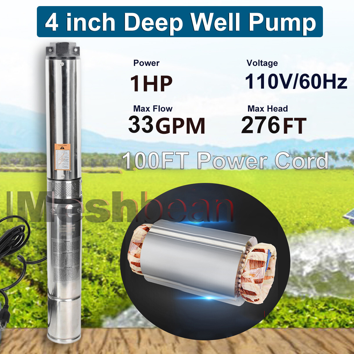 4'' Deep Well Submersible Pump 1HP 207' 37GPM 110V Stainless Steel w/Control Box