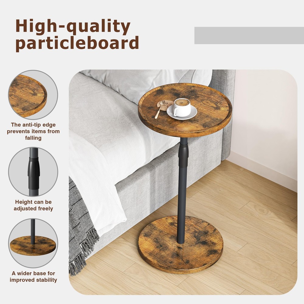 Adjustable End Table Small Round Side Table Drink Pedestal Rustic Brown