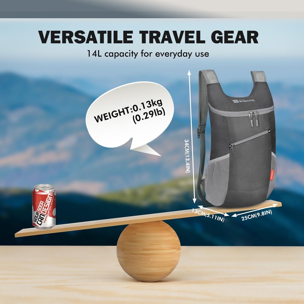 ZOMAKE Lightweight Packable Backpack 14L - Foldable Backpack Small Daypack Hi...