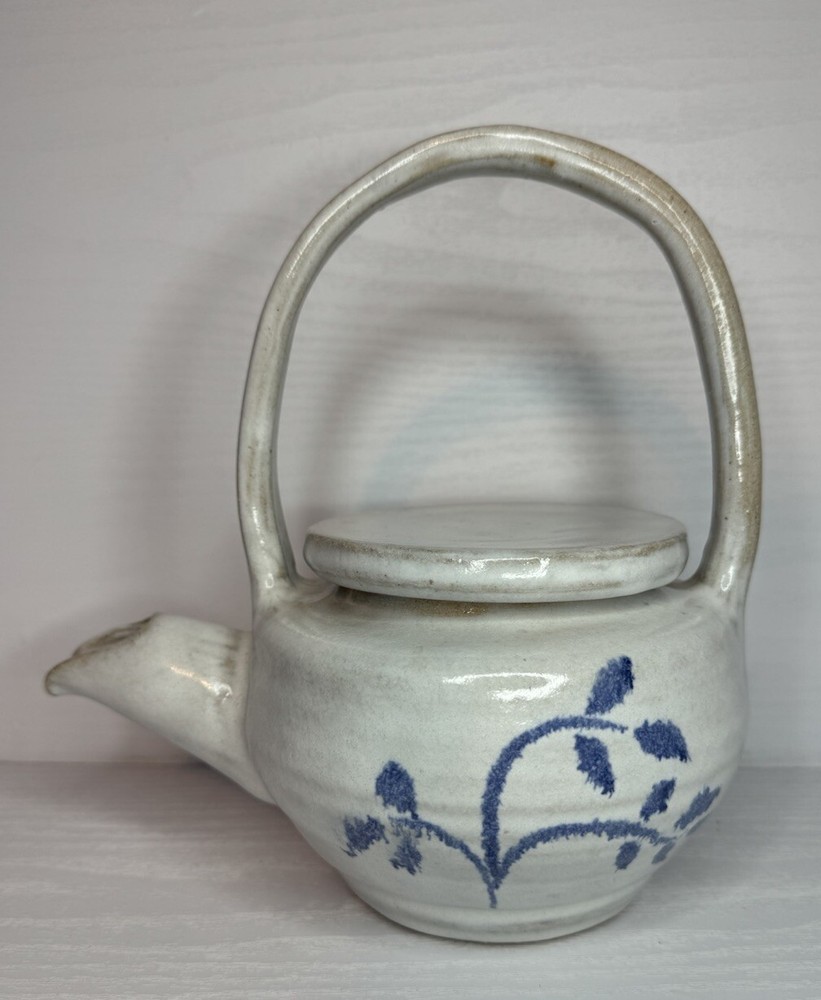 Handmade Art Pottery Teapot Blue Design Pattern Marked On Bottom.