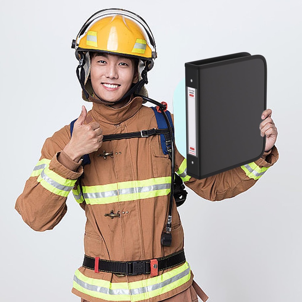 Fireproof Binder with Zipper 1.5 In D Ring Black for Document Storage
