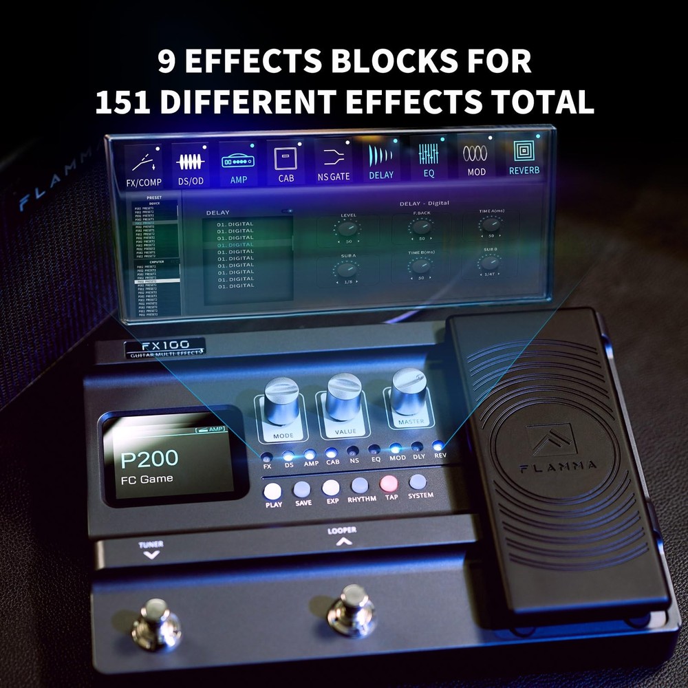 FX100 Guitar Multi-effects Pedal with 55 Amp Models 151 Built-in Effects 80' Loo