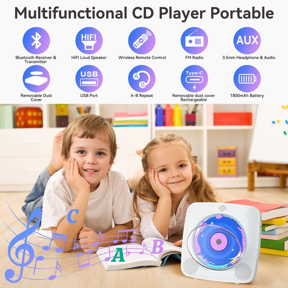 CD Player Portable Bluetooth Rechargeable CD Players for Home with 1800mAh Ke...