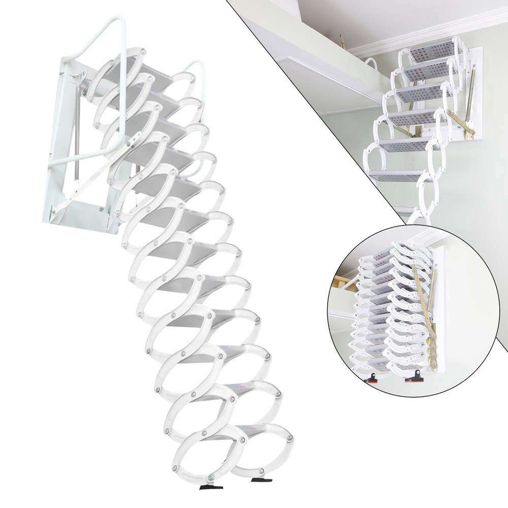 12 Steps Folding Frame Ladder Loft Telescopic Stair Pull Down Attic Ladder