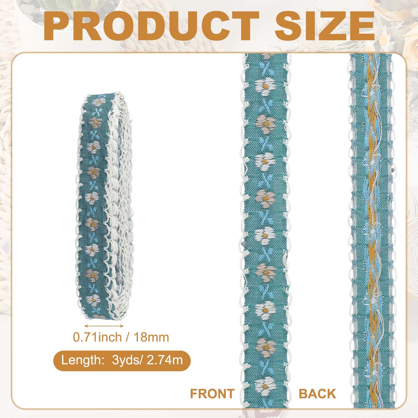 3 Yards Jacquard Ribbon Trim Floral Embroidered Ribbon Cyan