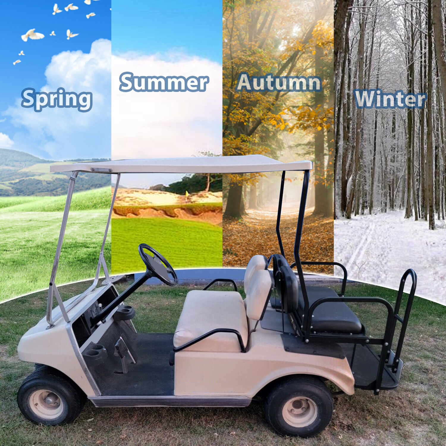 For 1982-2000 Club Car DS Golf Cart Flip Folding Rear Seat Kit w/ Grab Bar black