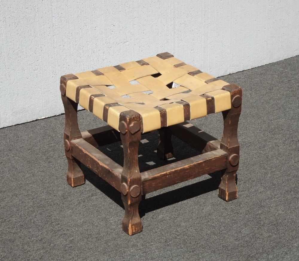 Vintage Rustic Spanish Style Stool Bench with Leather Straps