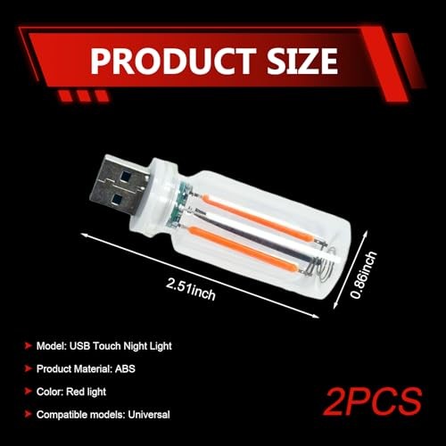 2PCS Car USB Lights, Touch Dimmable Car Interior Ambient Lights, Plug 2 PCS Red