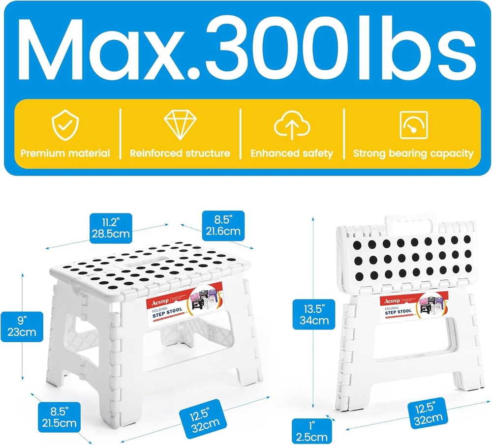 Folding Step Stool - 9" Tall Lightweight Plastic Bathroom Step Stool Holds 300lb
