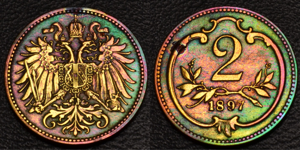 SHARP DETAILS 1897 Austria 2 Heller Rainbow Toning (L42-61)