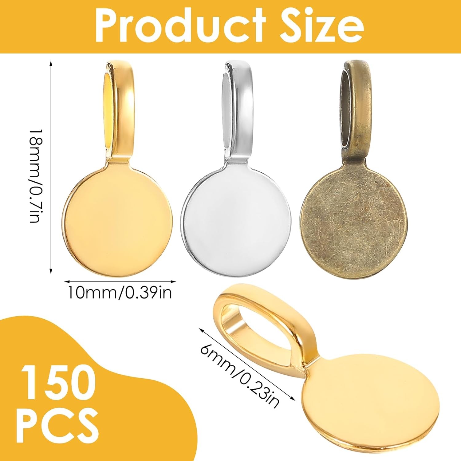 150Pcs Glue-On Bails Pendants, Round Flat Pad Connector Charms for Jewelry