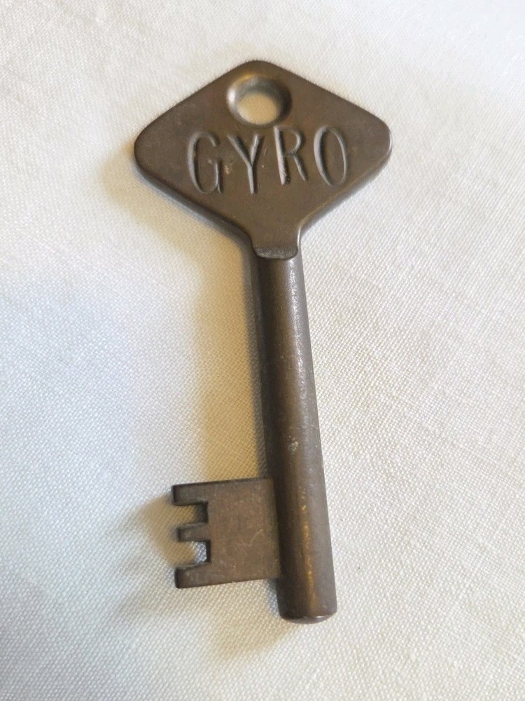 Solid Brass Skeleton Key Thick Barrel Marked GYRO Diamond Head Security Cabinet
