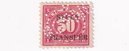 STAMP SCOTT RD9 "DOCUMENTARY - Stock Transfer" 50 CENT  1920 USED W/ PERFINS - L