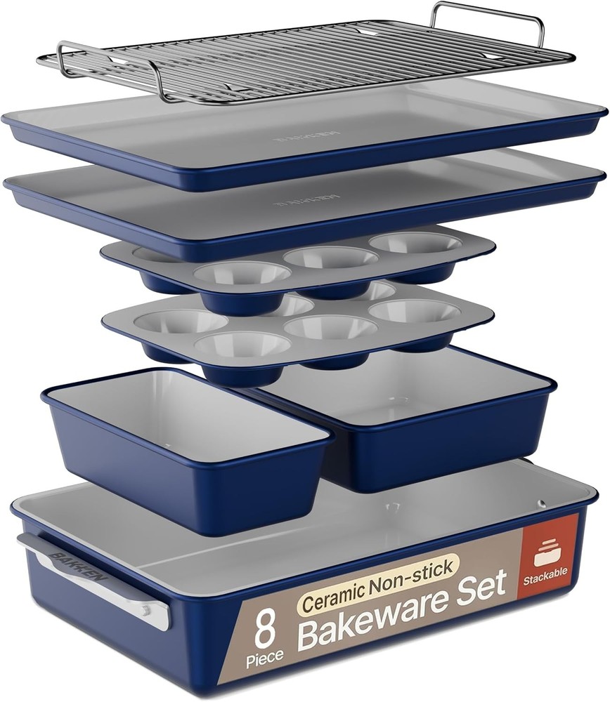 8-Piece Stackable Bakeware Set Ceramic Non-Stick Coating Baking Sheets Durable