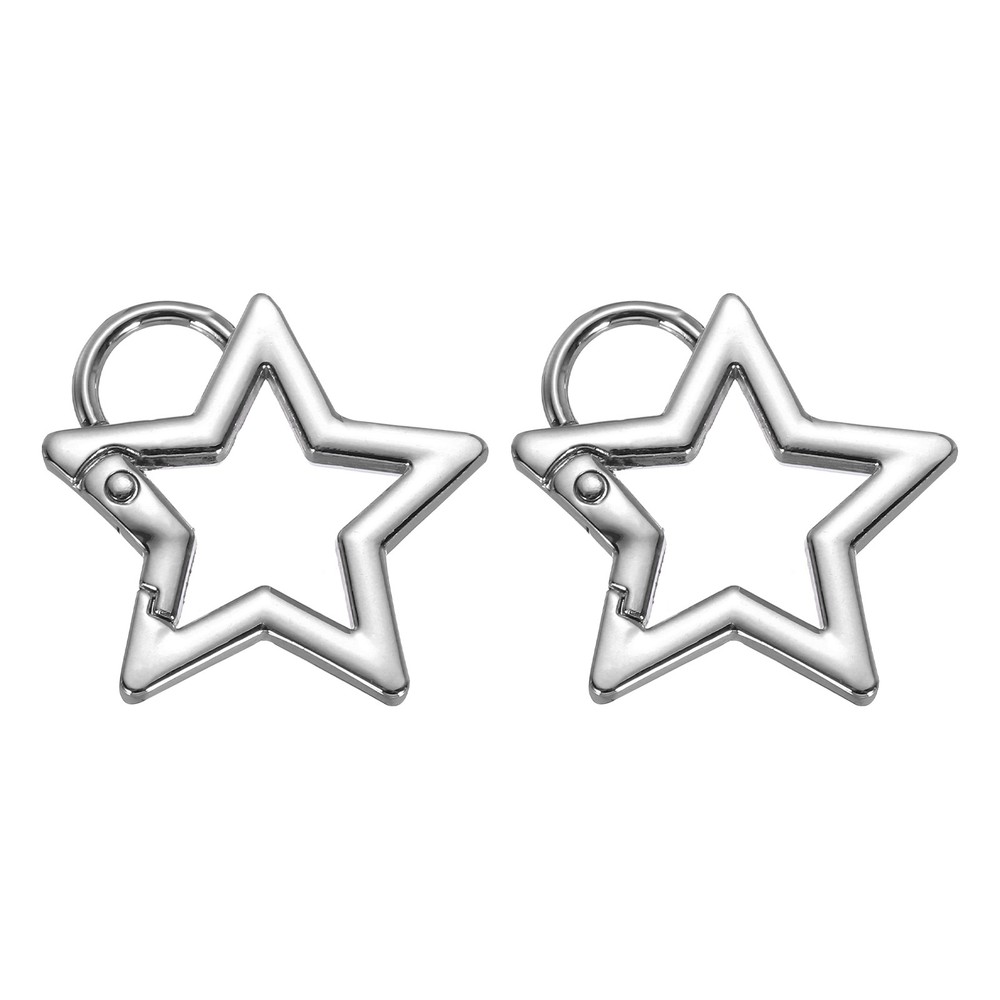 2Pcs 42mm Star Shaped Spring Snap Keychain Clip Trigger Keychain W Ring Silver