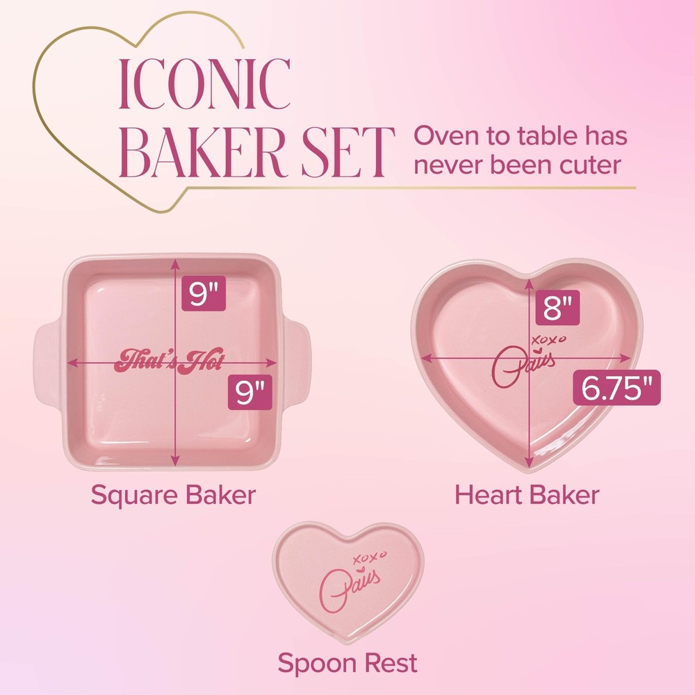Paris Hilton 3-Piece Ceramic Baker Set, Iconic Stoneware with Square & Heart ...