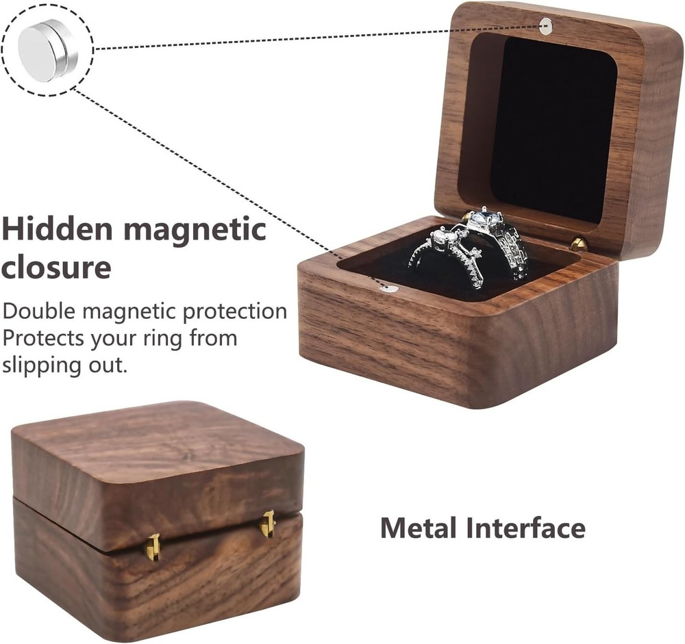 Wooden Ring Box Wedding Ceremony 2 Slots,Small Square Solid Wood Double Ring