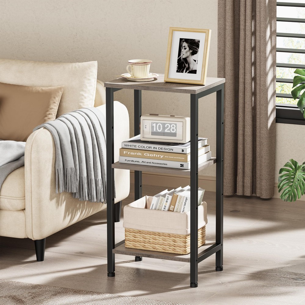 Small Grey Side Table, Tall End Table with Adjustable Shelf for Living Room, ...