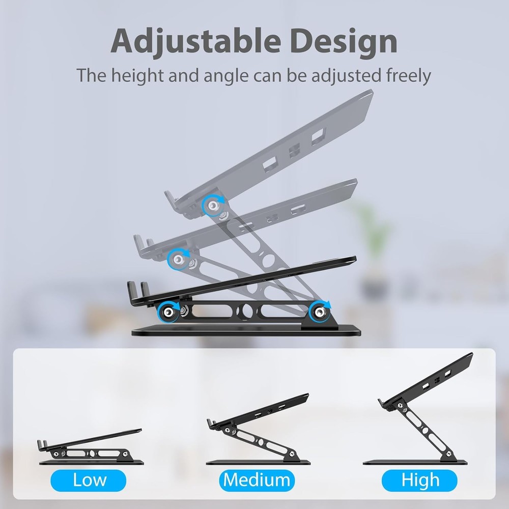 Adjustable Laptop Stand for Desk – Foldable Metal Riser with Ventilation Slots