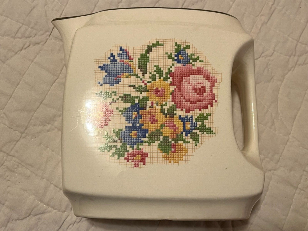 Vtg Harker Ivory Needlepoint Roses Print Rectangular Pitcher Lovely Please Read