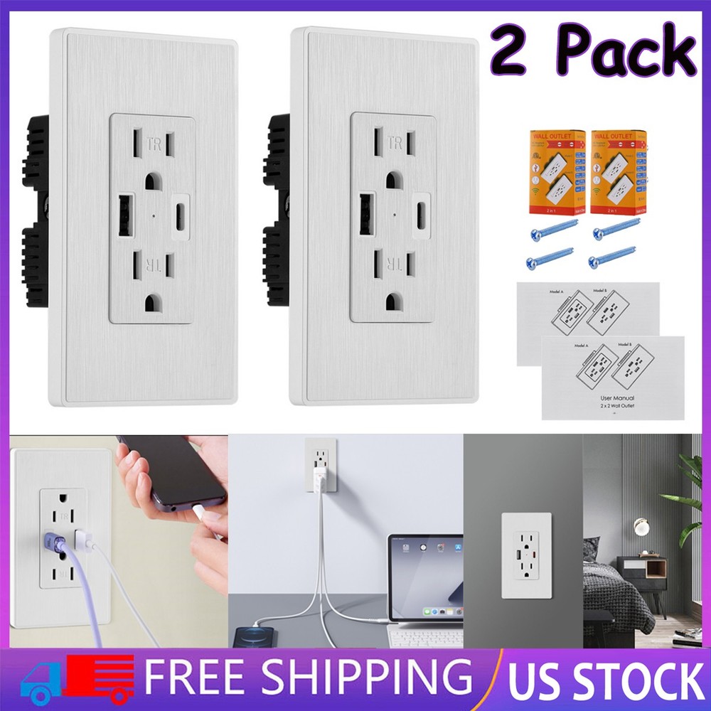15A Electrical Outlet Panel Wall Socket AC Power Receptacle w/ Type C & A Ports