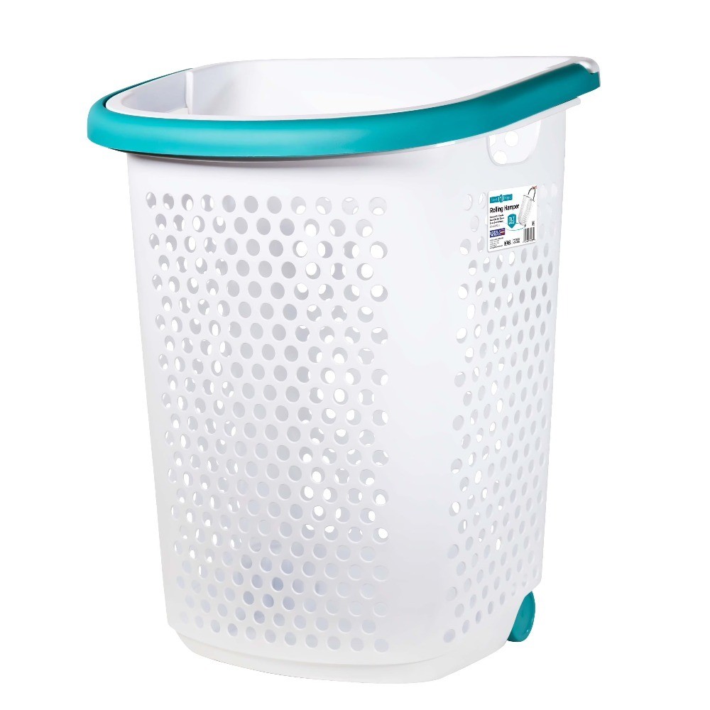 Rolling Laundry Hamper with Up Handle 2 Bushel Capacity White Storage Basket