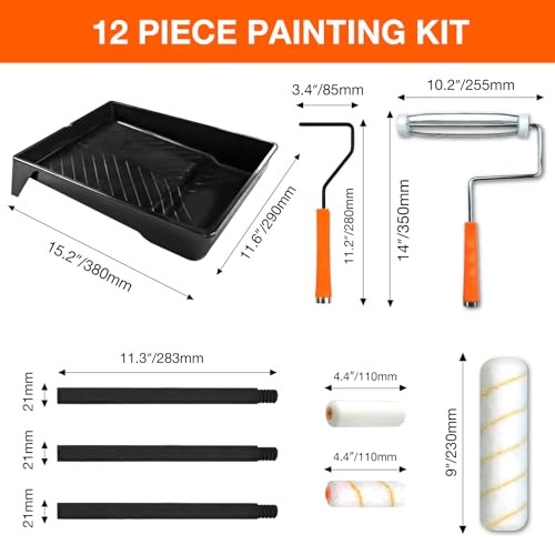 King Origin Paint Roller Kit with Extension Pole (3 ft), 4"&9" Rollers, 12-Pack