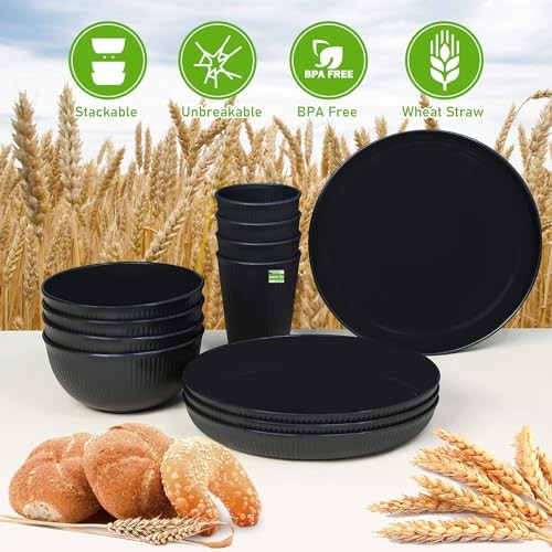 Wheat Straw Dinnerware Sets, Kitchen Unbreakable Wheat Straw Plates and Black