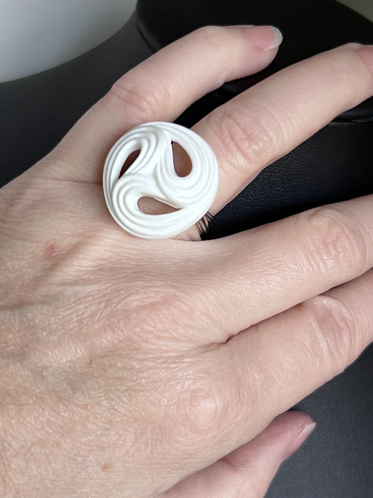 White Creamy Swirl Wire Wrapped Button Ring