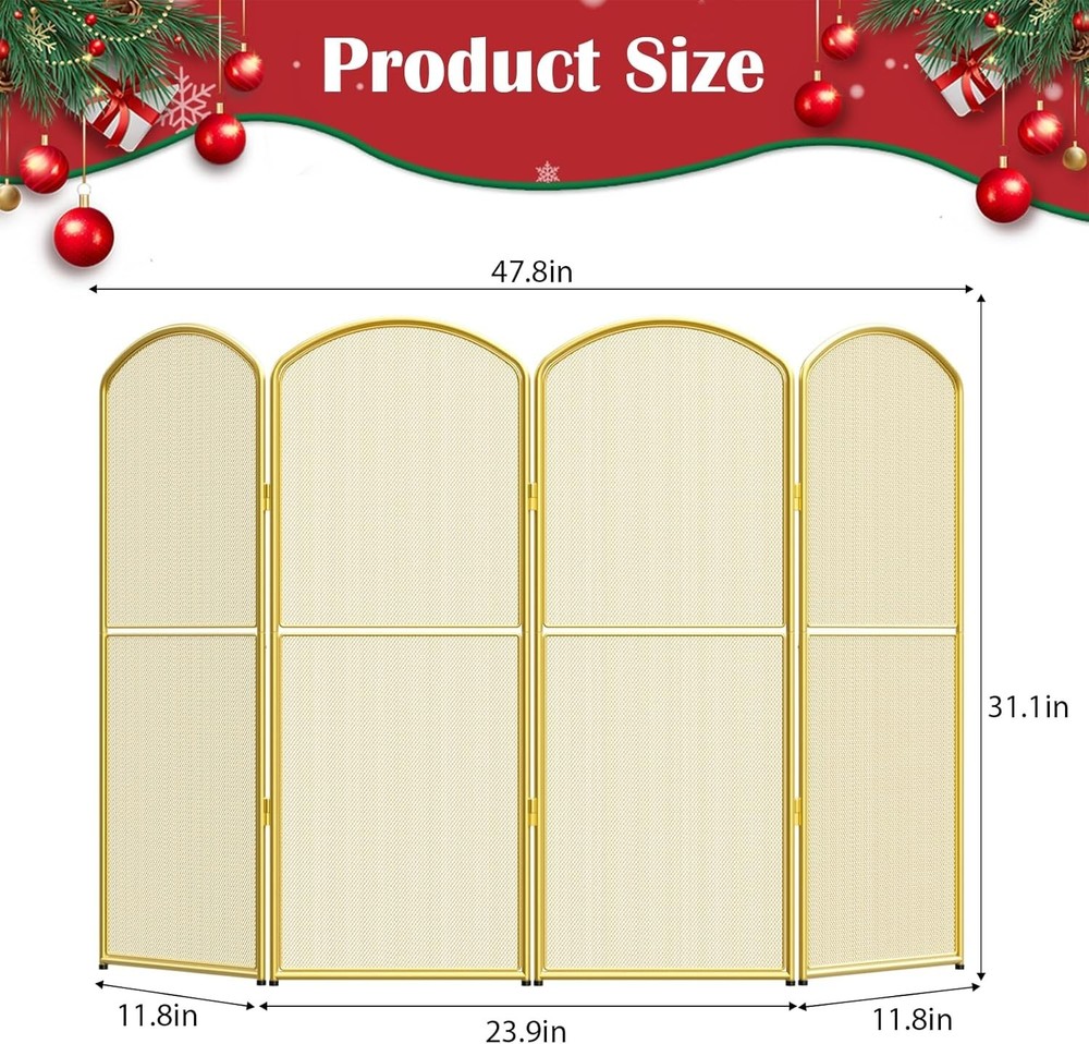 Fireplace Screen Stand Alone Gold Foldable Fireplace Gate 4 Panel Decorative