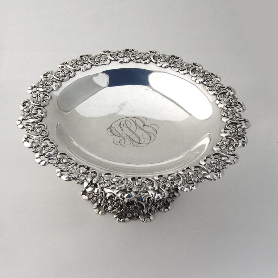 Openwork Rose Ribbon Compote Durgin Sterling Silver 1900 Mono KSB