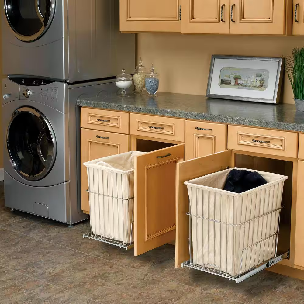 Chrome Wire Rectangular Pullout Laundry Room Hamper Clothes Basket, 1.7 Bushel