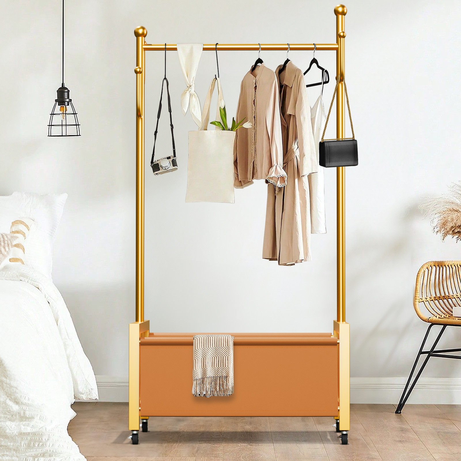 Portable Metal Garment Rack Rolling Clothes Organizer Hanger with PU Storage Bag