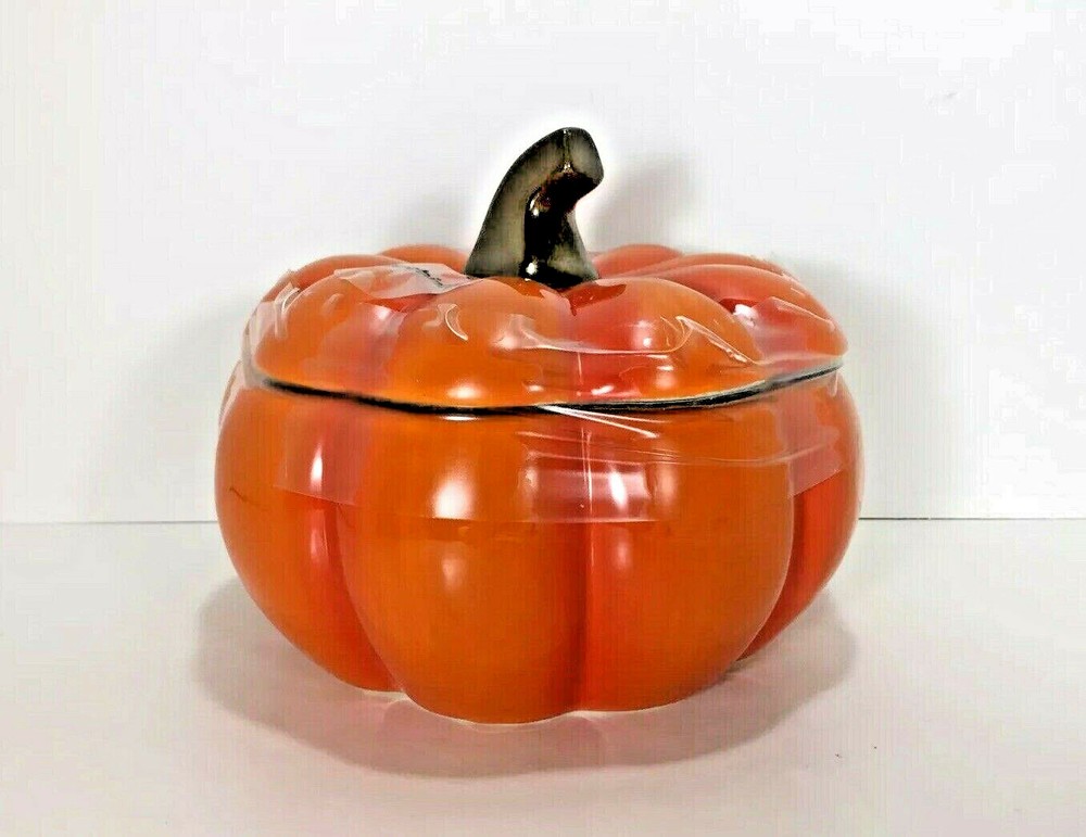 NEW Earthenware Figural PUMPKIN Medium Bowl CANDY JAR Bronze ORANGE Thanksgiving