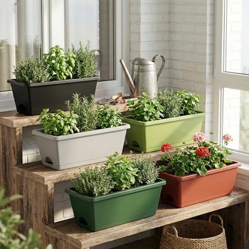 7 Pack Window Box Planters, 17 Inch Plastic Rectangular Flower Pots Brick-red