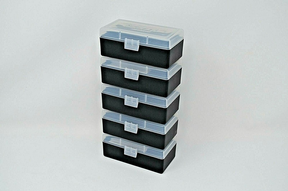 BERRY'S PLASTIC AMMO BOXES (5) CLEAR/BLACK 50 ROUND (357/38SPL)