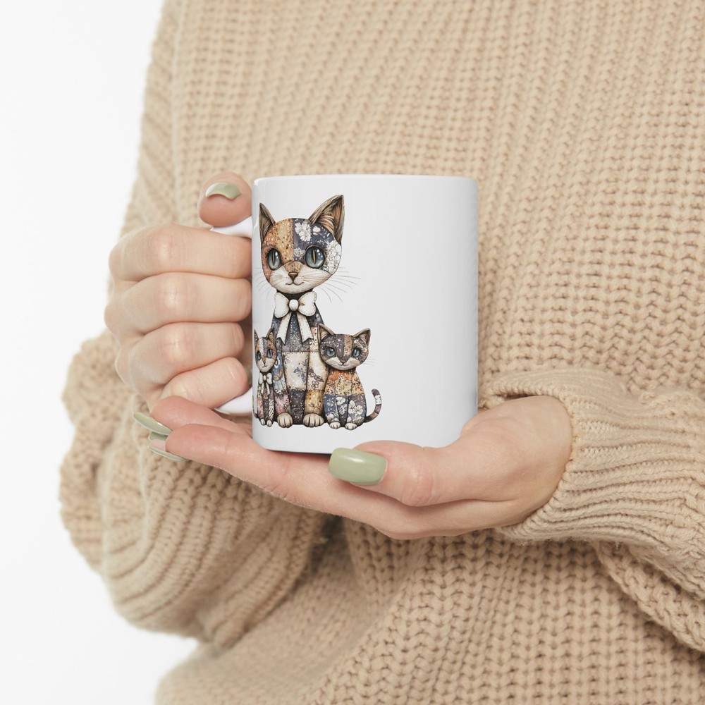 Patchwork Cat Mug Cat Patchwork Art Gift Cute Coffee Cup for Women