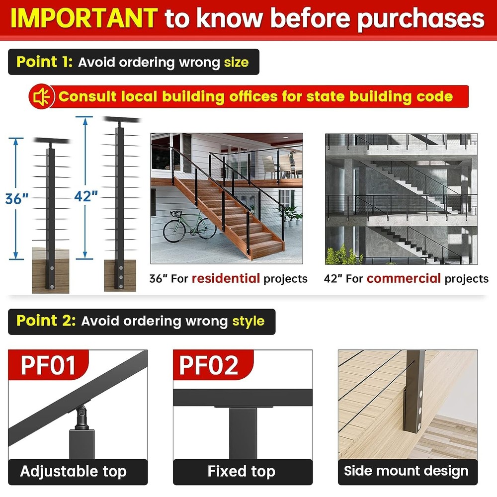 Muzata 42"x2"x2" Level drilled Cable Railing Post PS01 BC4L