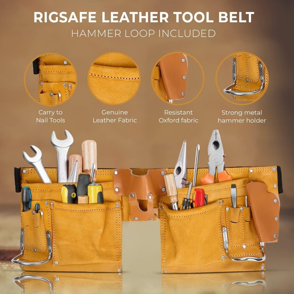 11 Pocket Leather Tool Belt – Carpenter Construction Pouch w/ Quick Release Buck