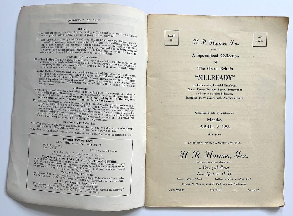 1956 Harmer Auction Catalog THE MULREADY SPECIALIZED COLLECTION 28 Pages Illus.