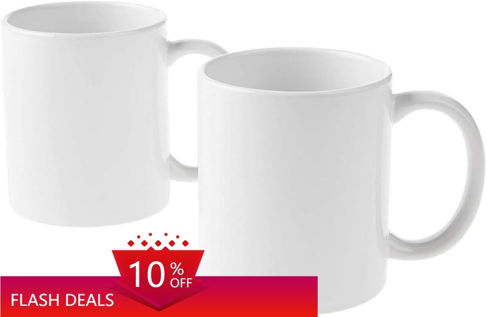 NEW.Slanted-Edge Plain Mugs, Ceramic Coated, Set of 2, White